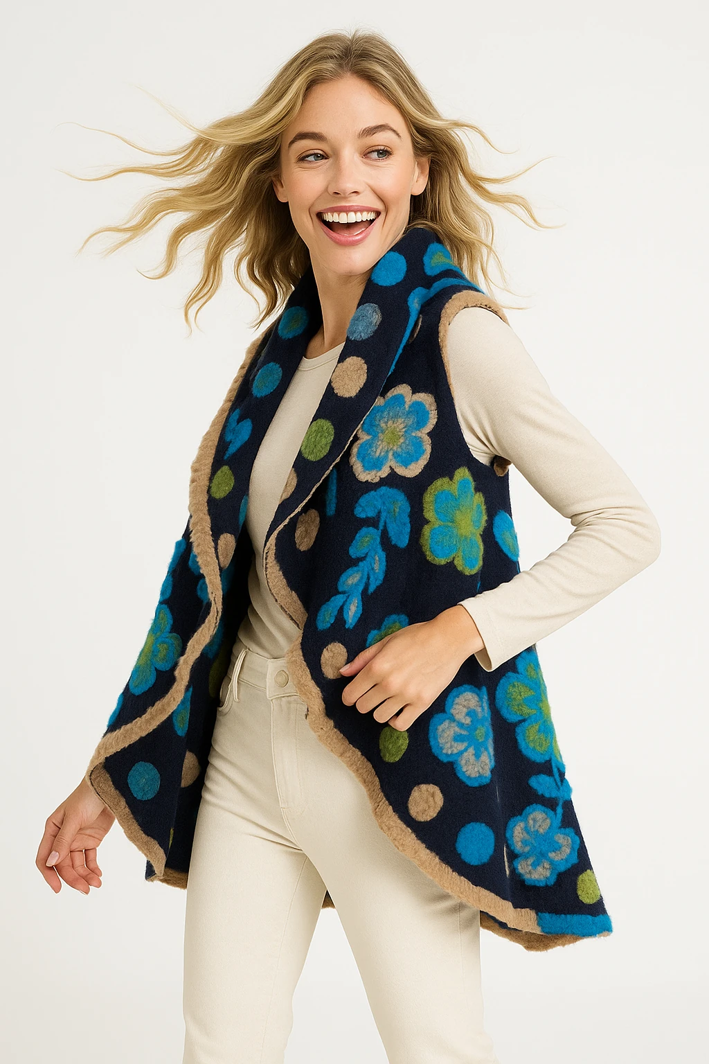 İtalyan Çiçek Kabartmalı Keçe Yelek - LACİVERT