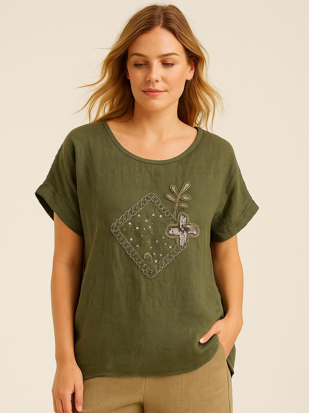İtalyan Nakış Detaylı Keten Bluz - HAKİ