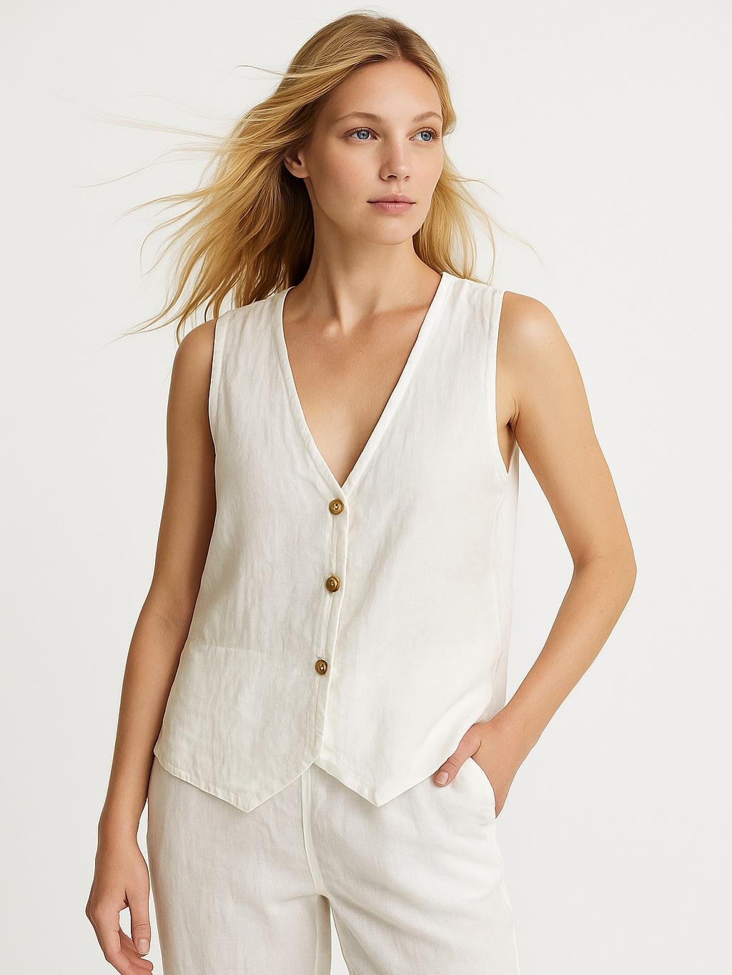 İtalyan Keten Yelek - BEYAZ