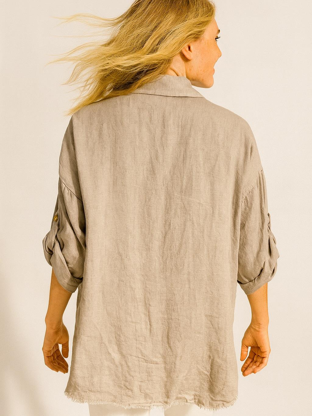 İtalyan Keten Dantel Detaylı Gömlek - VİZON