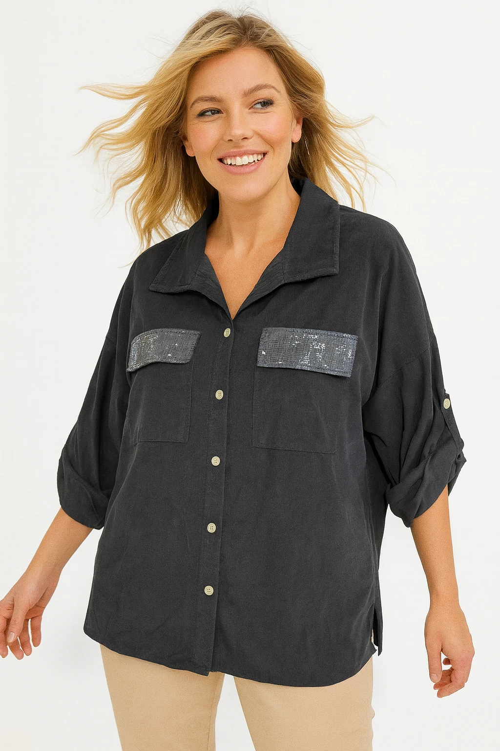 İtalyan Pul Payet Detaylı Kadife Gömlek - ANTRASİT