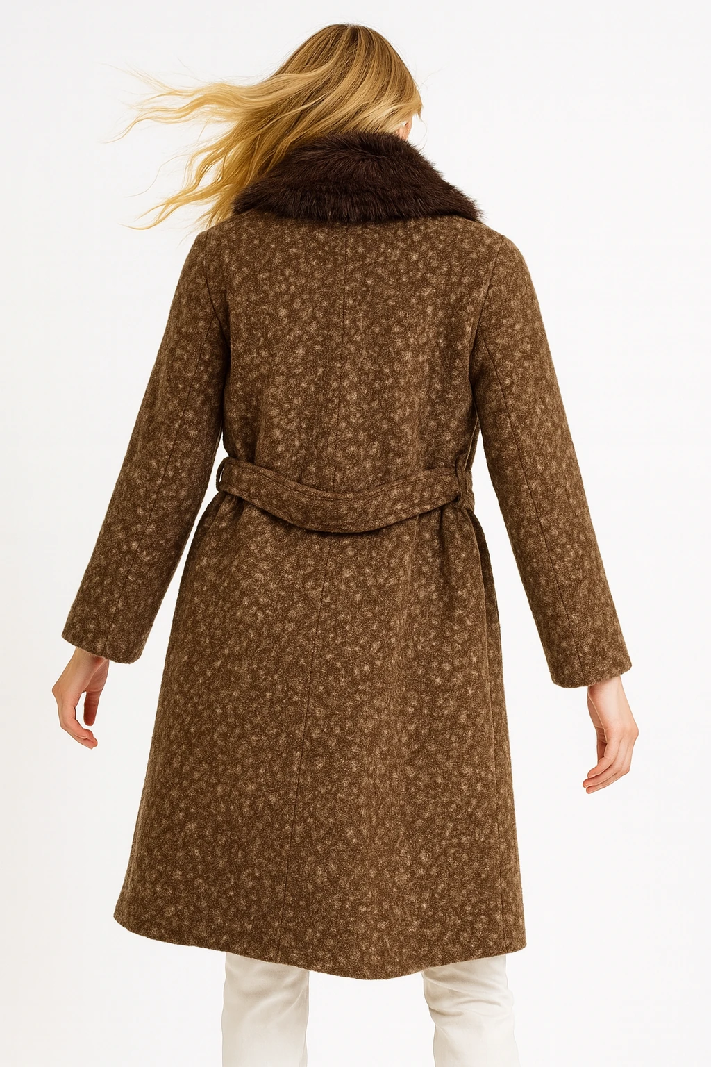 İtalyan Yaka Kürklü Keçe Kaban - KAHVERENGİ