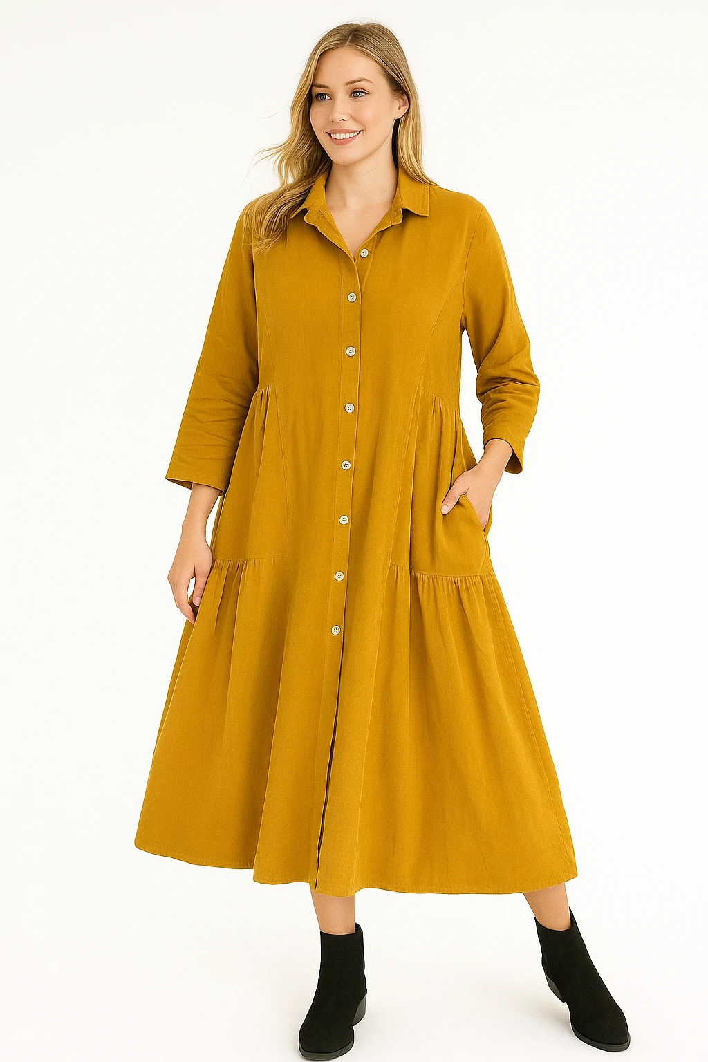 İtalyan Kadife Gömlek Elbise - HARDAL