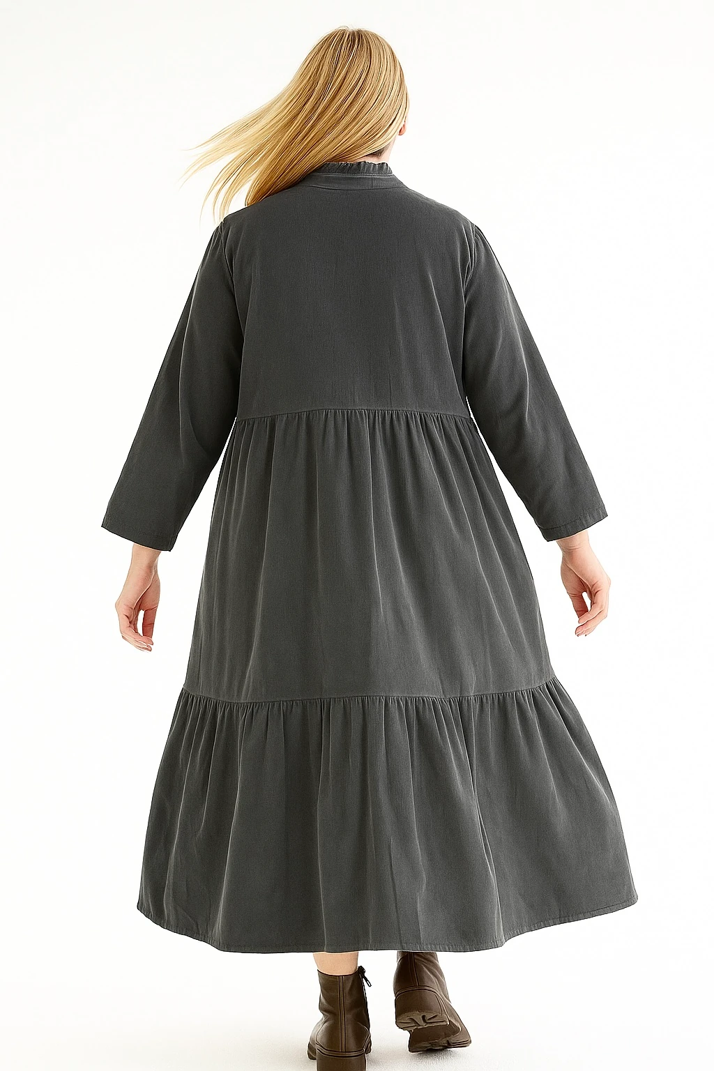 İtalyan Düğme Detaylı Kadife Elbise - ANTRASİT