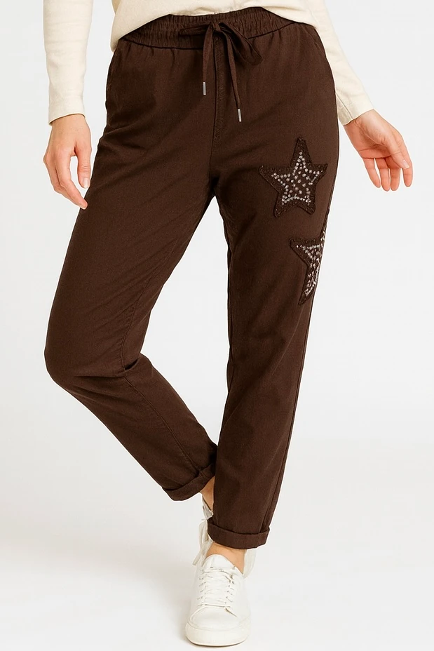 İtalyan Yıldız Detaylı Likralı Pantolon - KAHVERENGİ