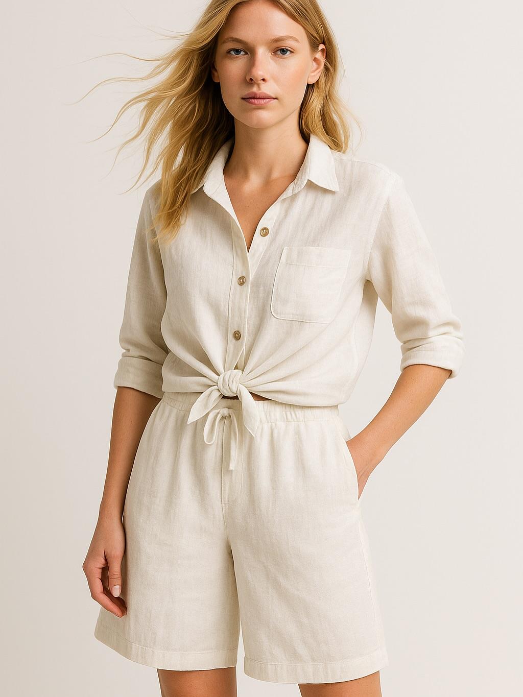 İtalyan Keten Şort Takım - BEYAZ