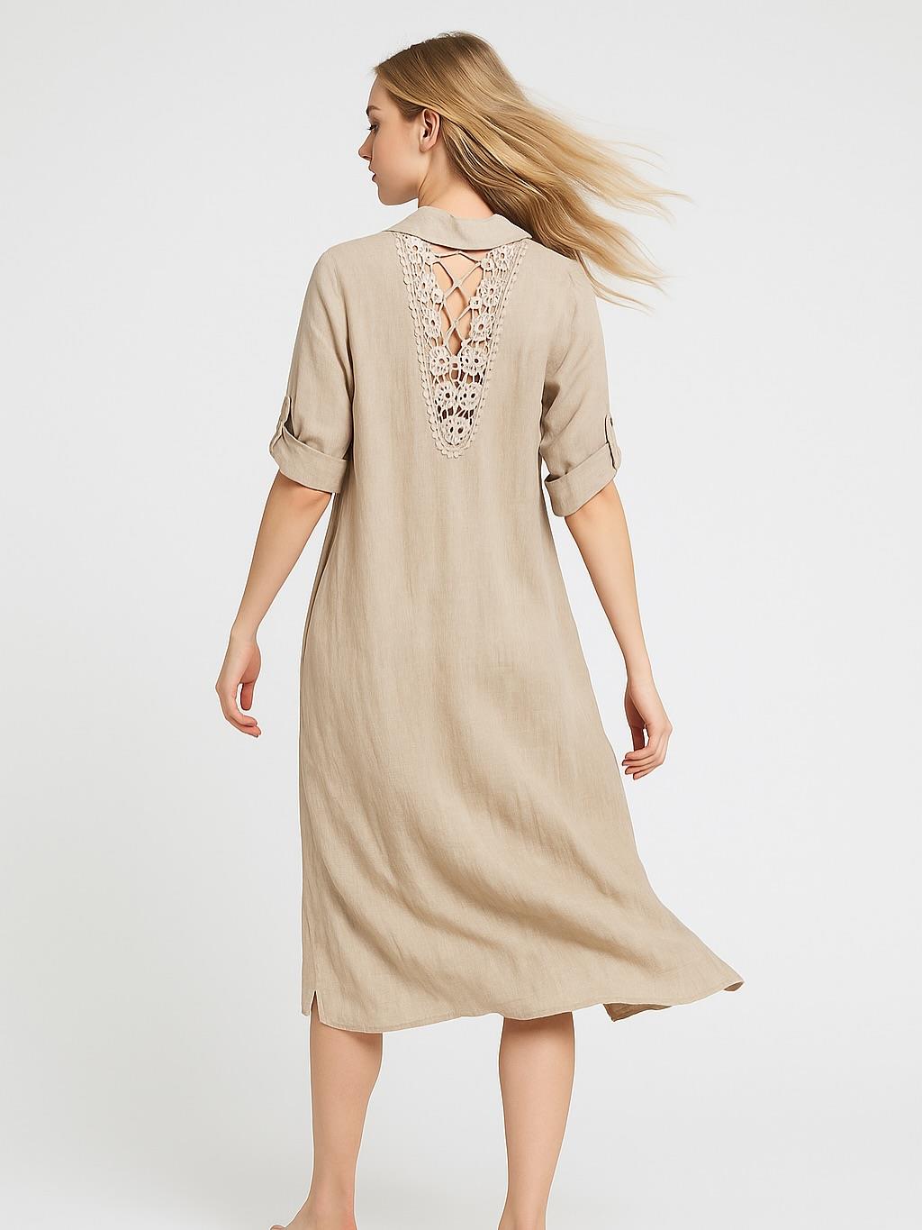 İtalyan Keten Sırtı Dantelli Elbise - BEJ