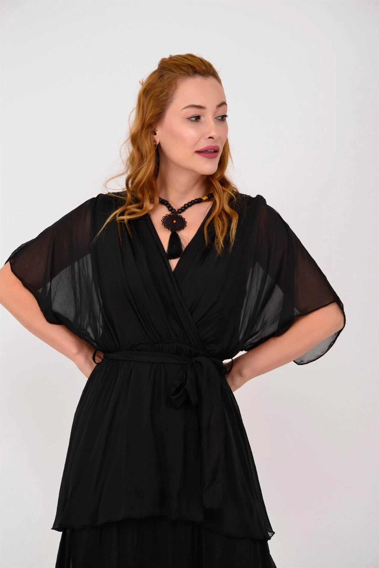 İtalyan İpek Belden Bağlamalı Elbise - SİYAH