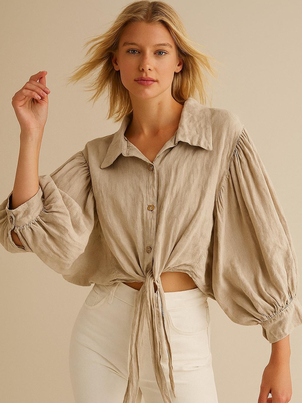 İtalyan  Özel Tasarım Keten Gömlek - BEJ