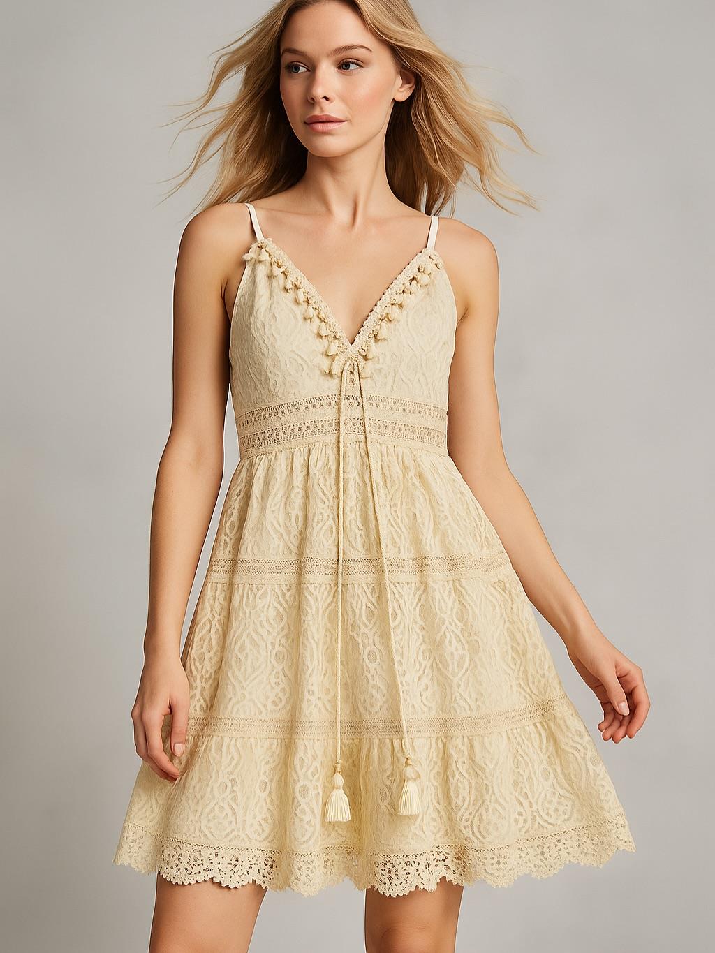 İtalyan Özel Tasarım Dantel Elbise - BEJ