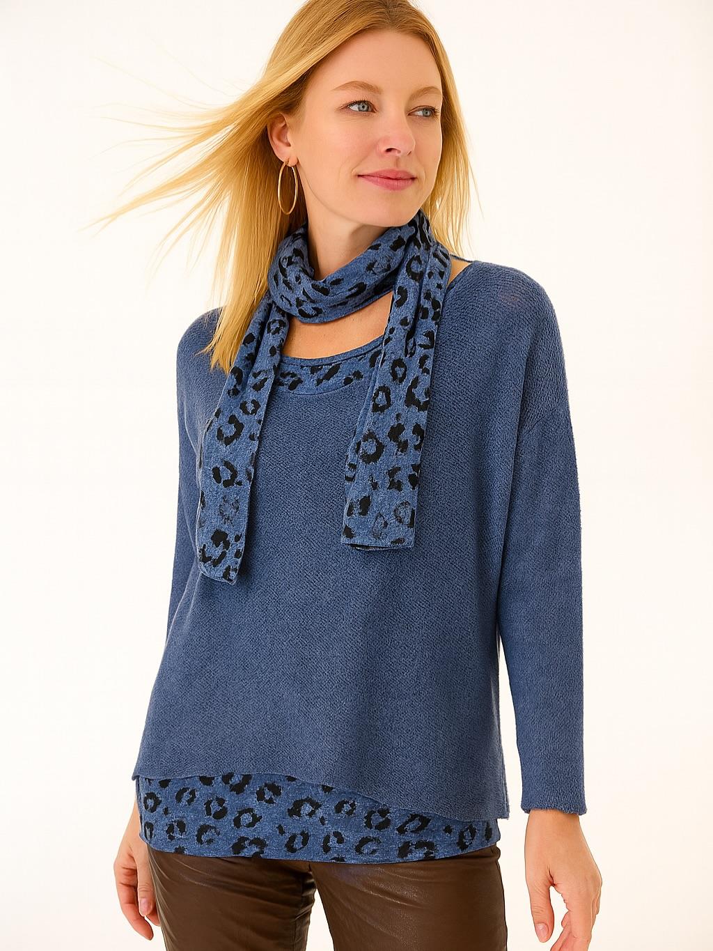 İtalyan Fularlı Triko Takım Bluz - MAVİ