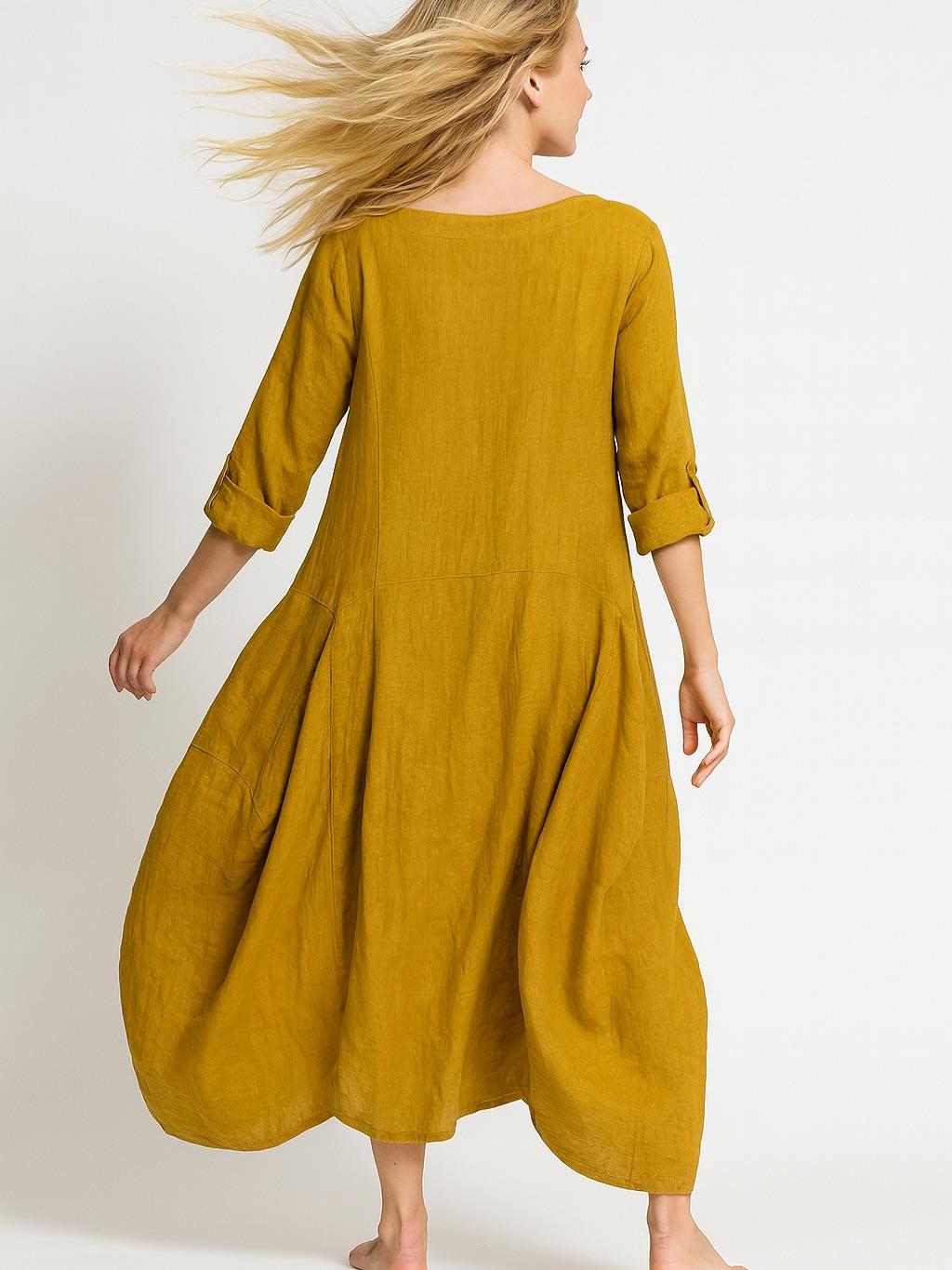 İtalyan Keten Cep Detaylı Elbise - HARDAL