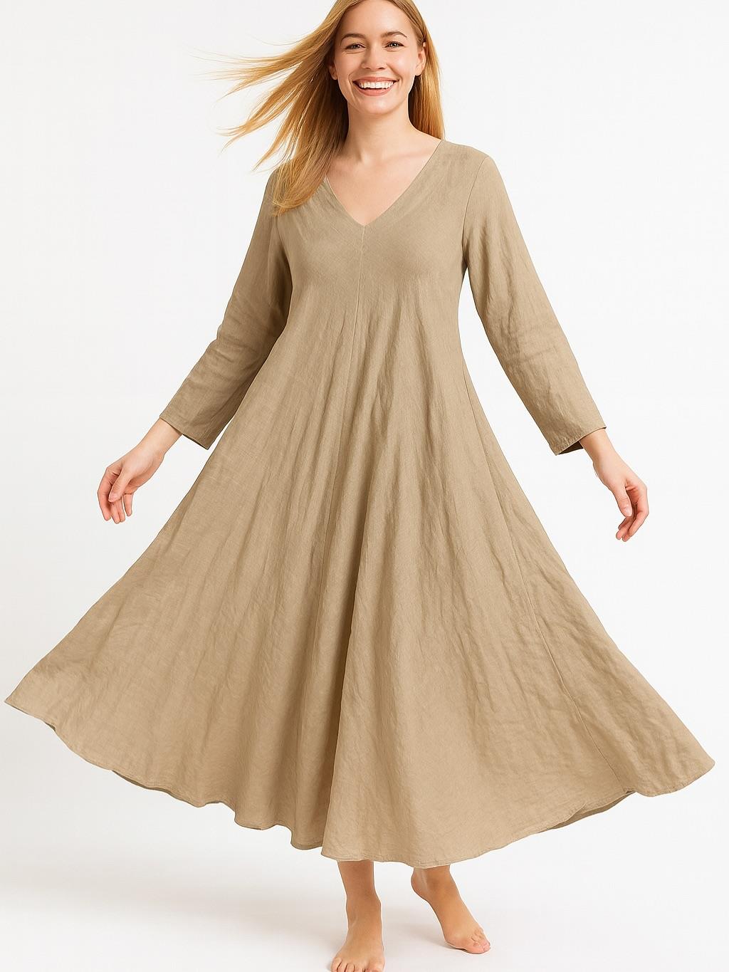 İtalyan Keten V Yaka Elbise - BEJ