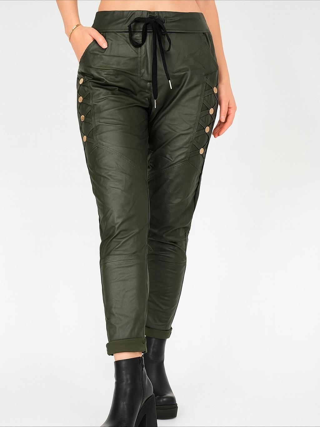 İtalyan Likralı Deri Pantolon - HAKİ