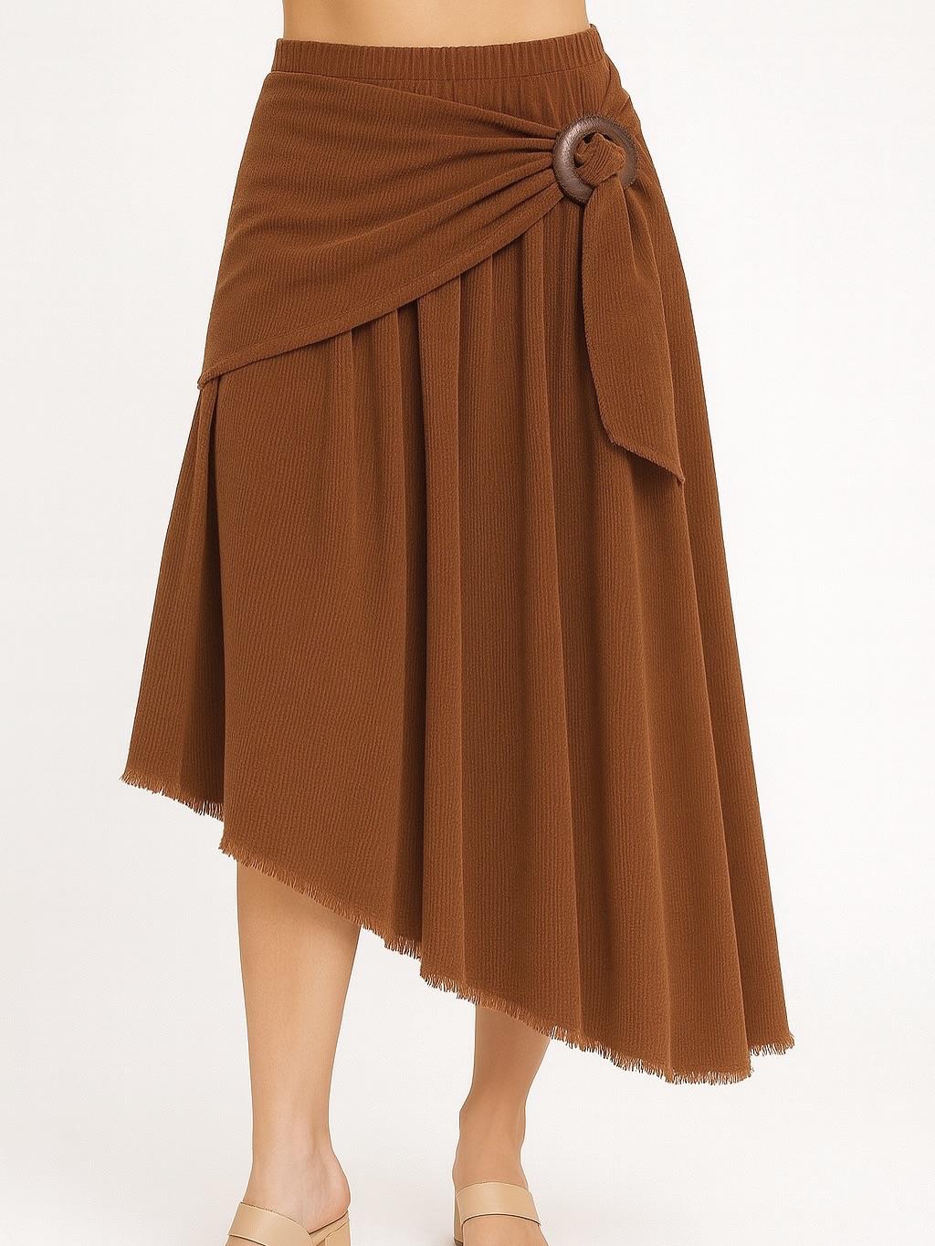 İtalyan Kadife Önden Bağlamalı Etek - KAHVERENGİ