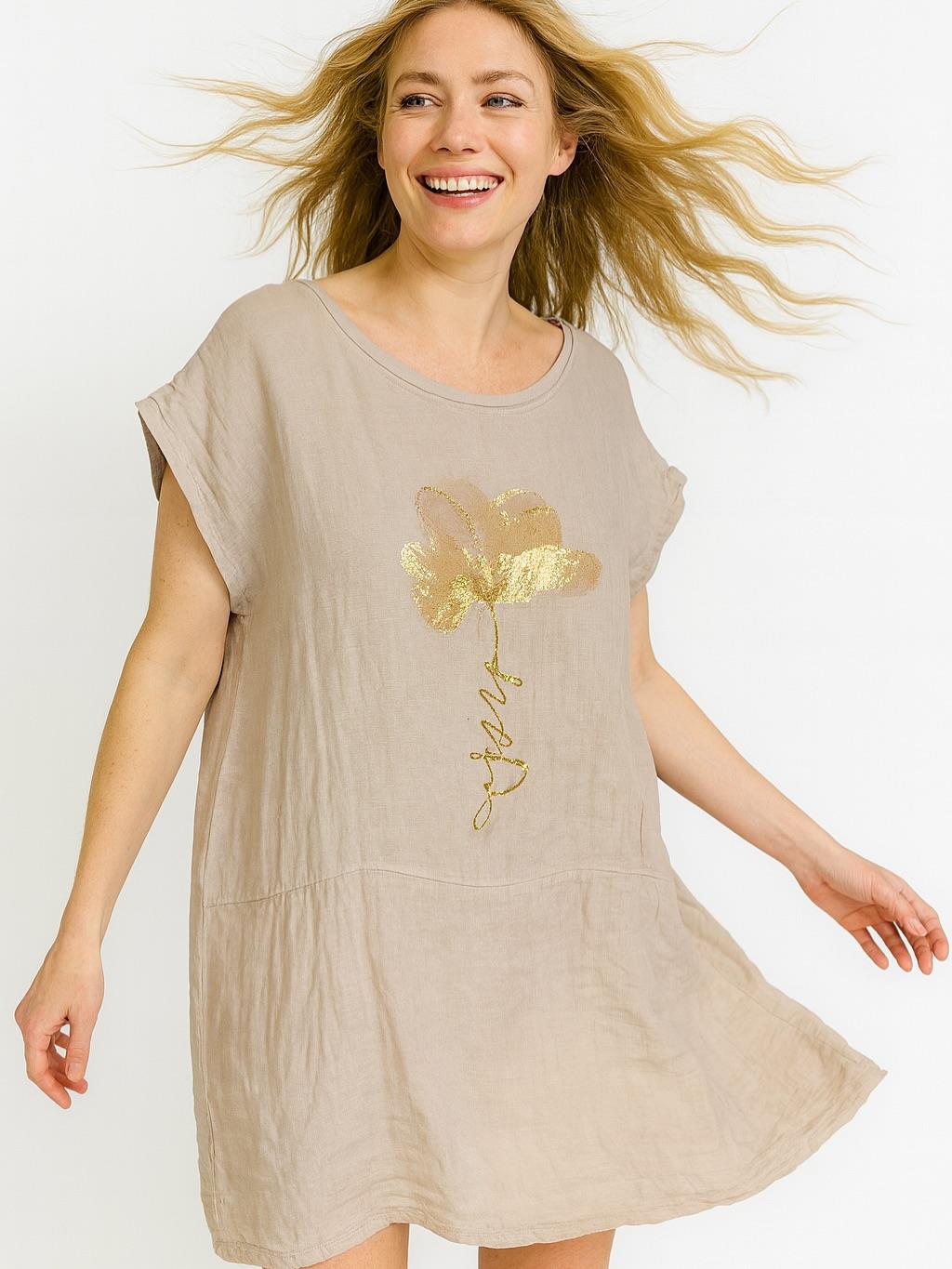 İtalyan Keten Varak Baskılı Elbise - BEJ