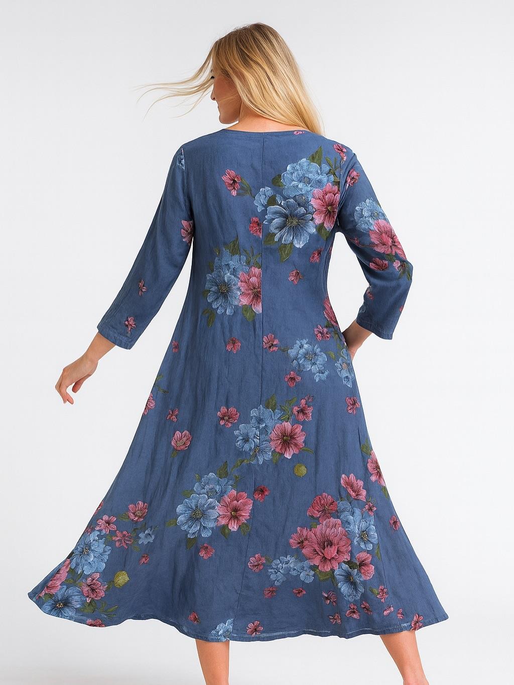 İtalyan Keten Çiçek Desenli Elbise - KOYU MAVİ