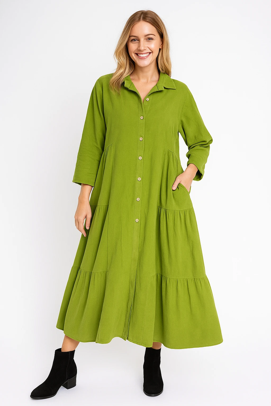 İtalyan Kadife Gömlek Elbise - YEŞİL