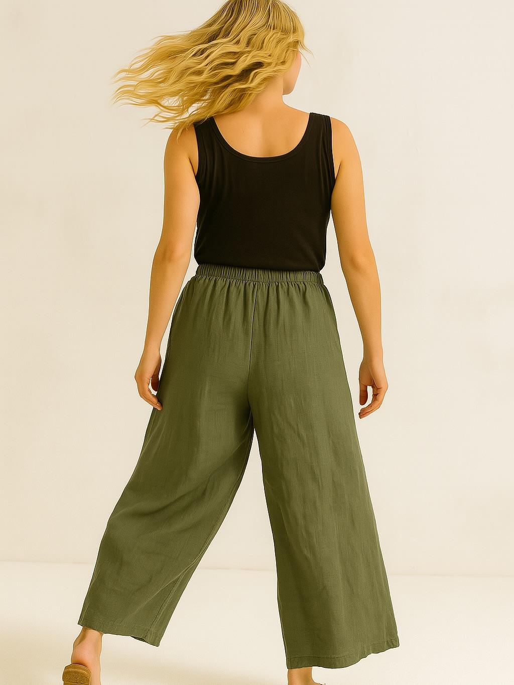 İtalyan Keten Boru Paça Pantolon - HAKİ