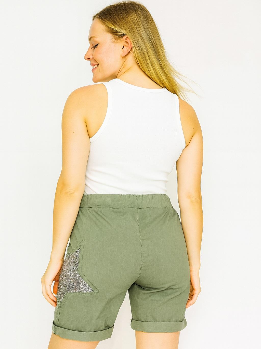 İtalyan Likralı Yıldız Detaylı Şort - HAKİ