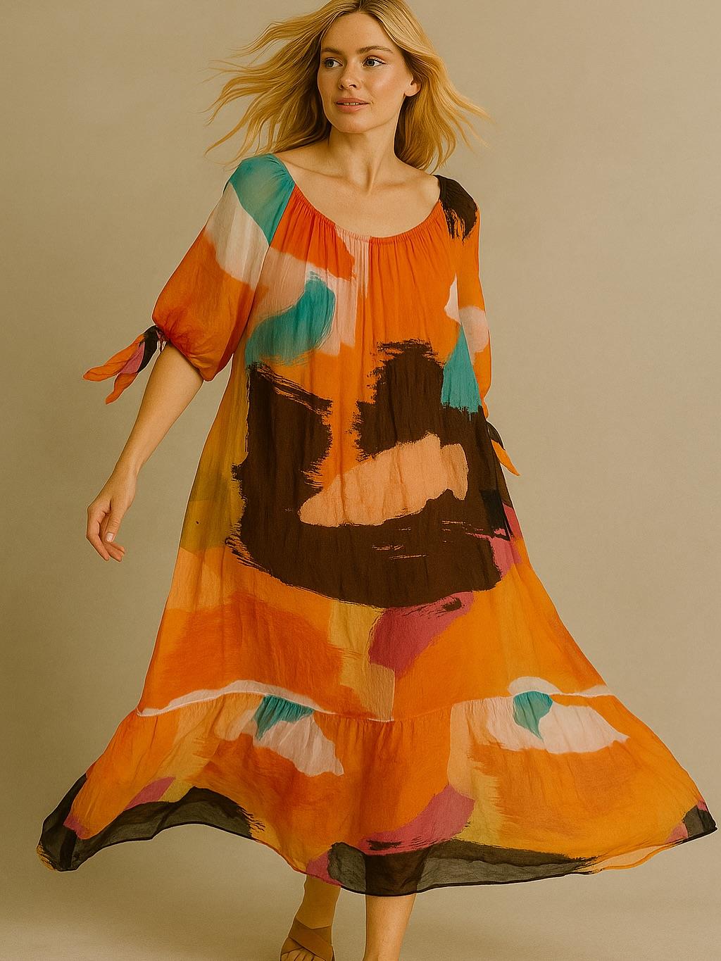 İtalyan Fırça Desenli İpek Elbise - TURUNCU