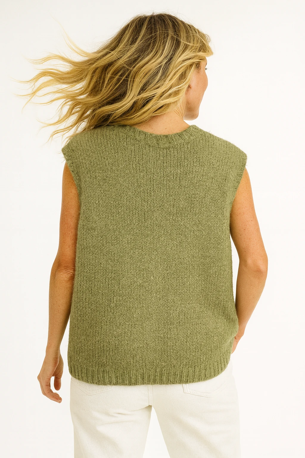 İtalyan Kolsuz Triko Süveter - HAKİ