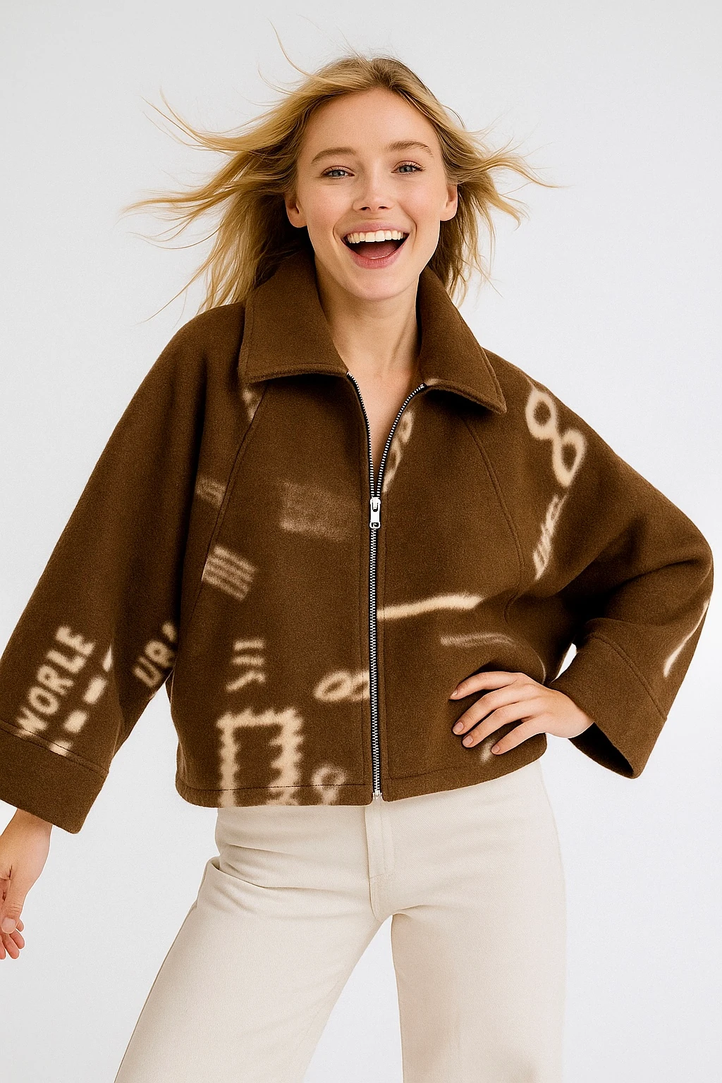 İtalyan Fermuarlı Desenli Keçe Ceket - KAHVERENGİ