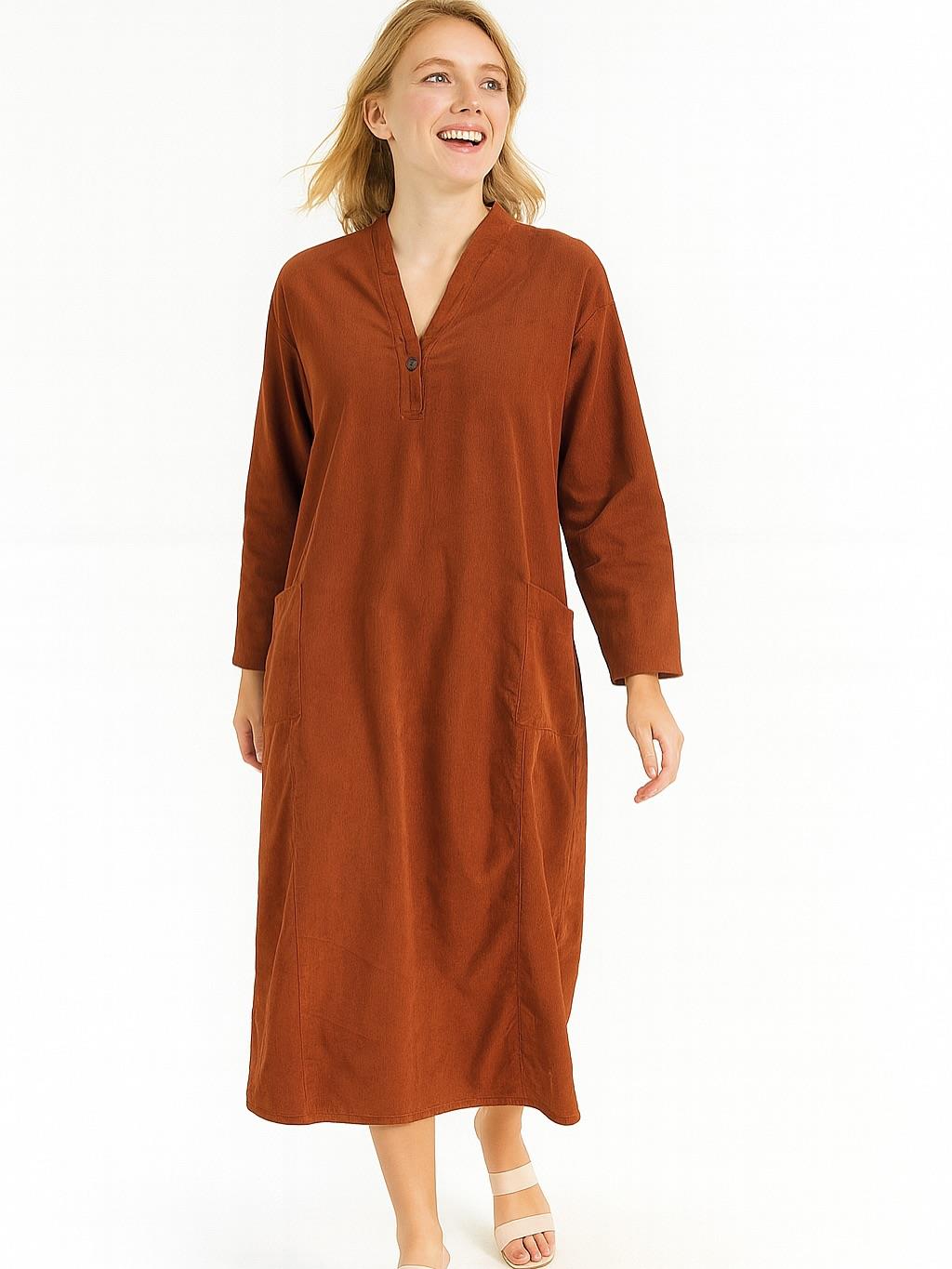 İtalyan Kadife Düğme Detaylı Elbise - TARÇIN