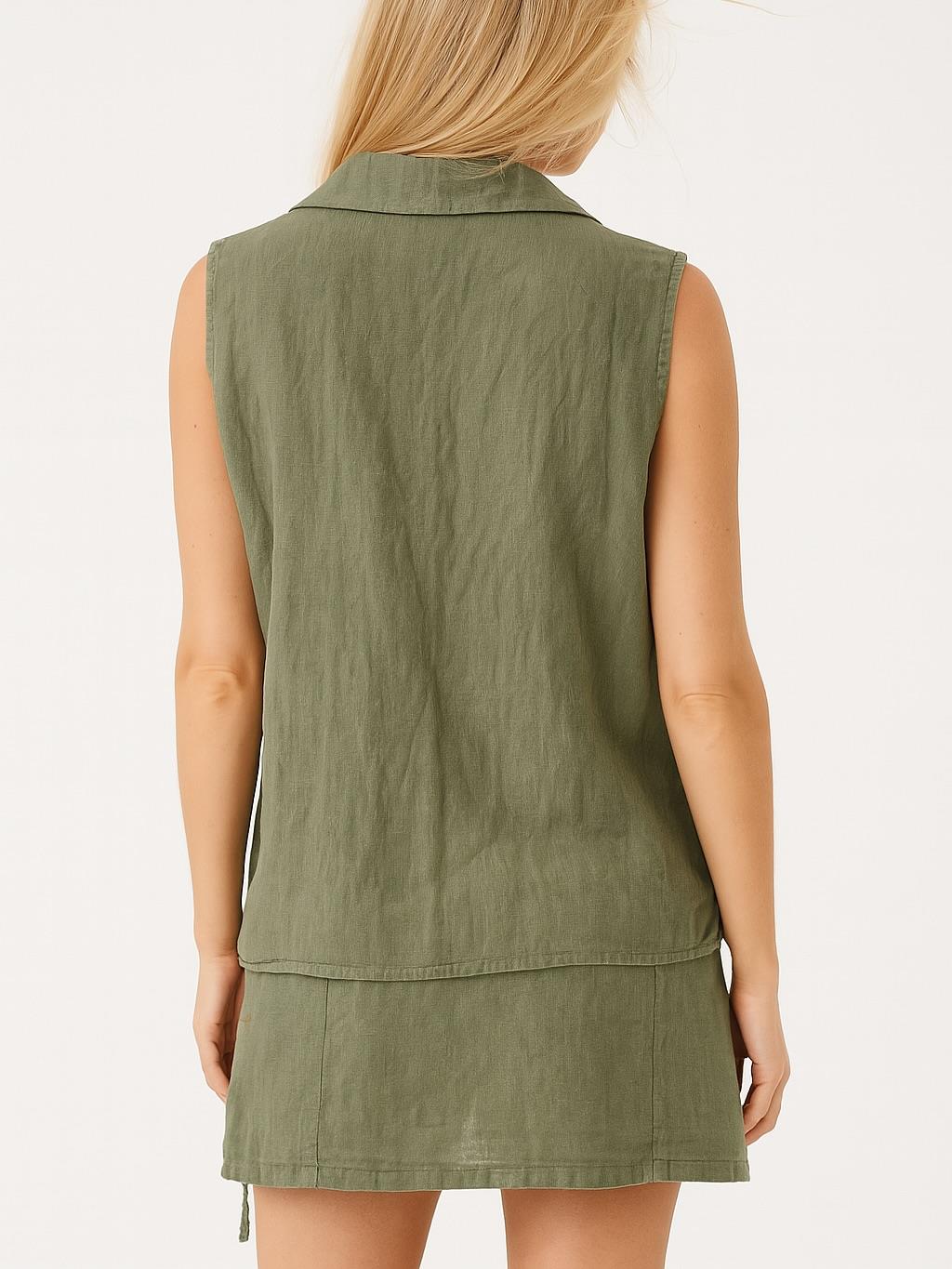 İtalyan Kravuze Keten Yelek - HAKİ