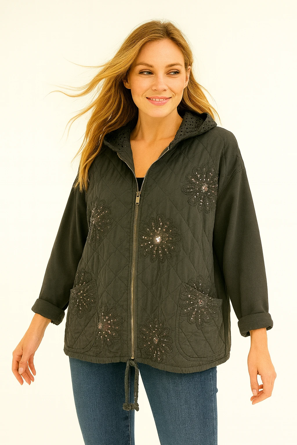 İtalyan Kapitone Nakış Detaylı Ceket - ANTRASİT