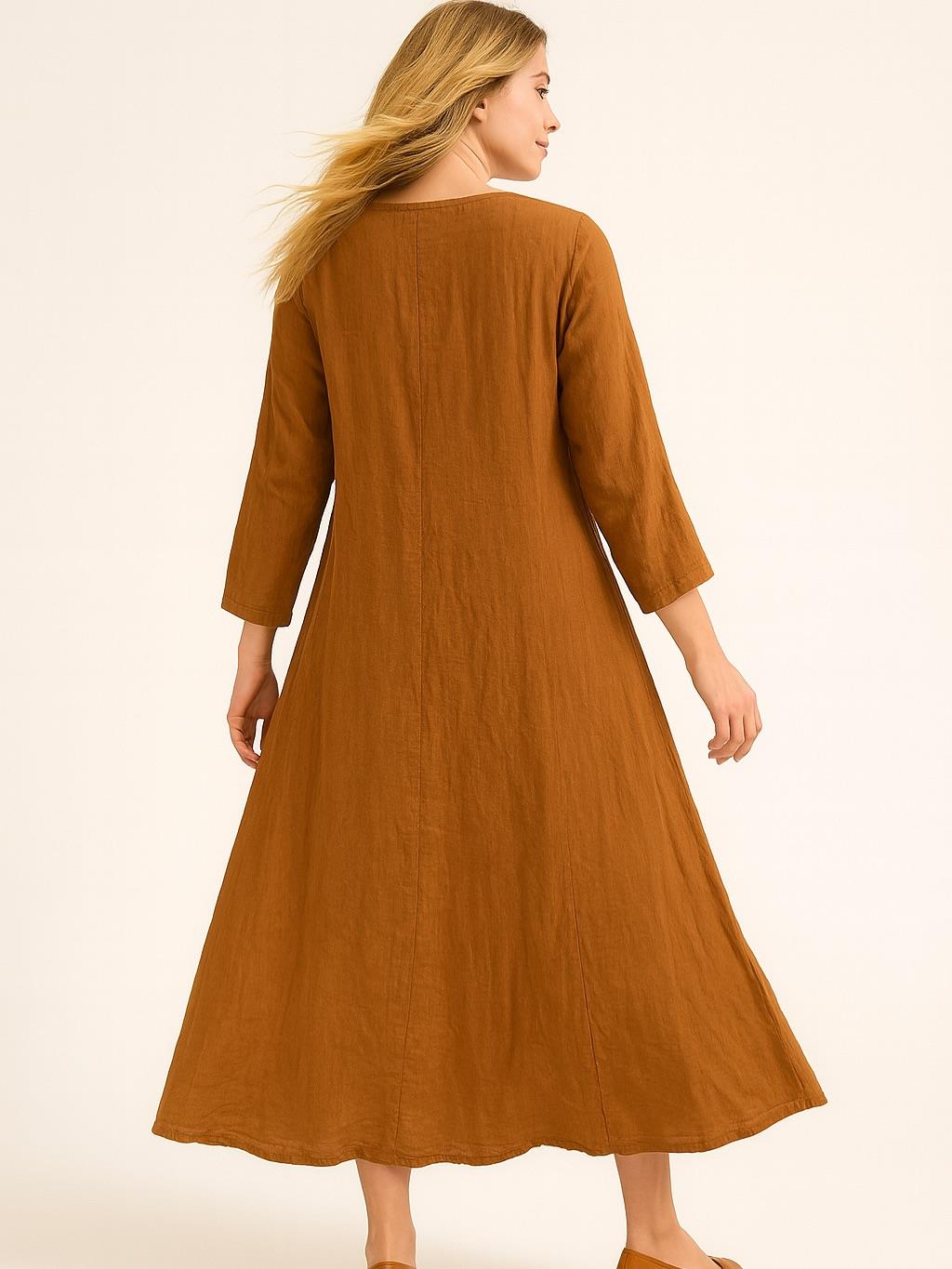 İtalyan Keten V Yaka Elbise - TUĞLA