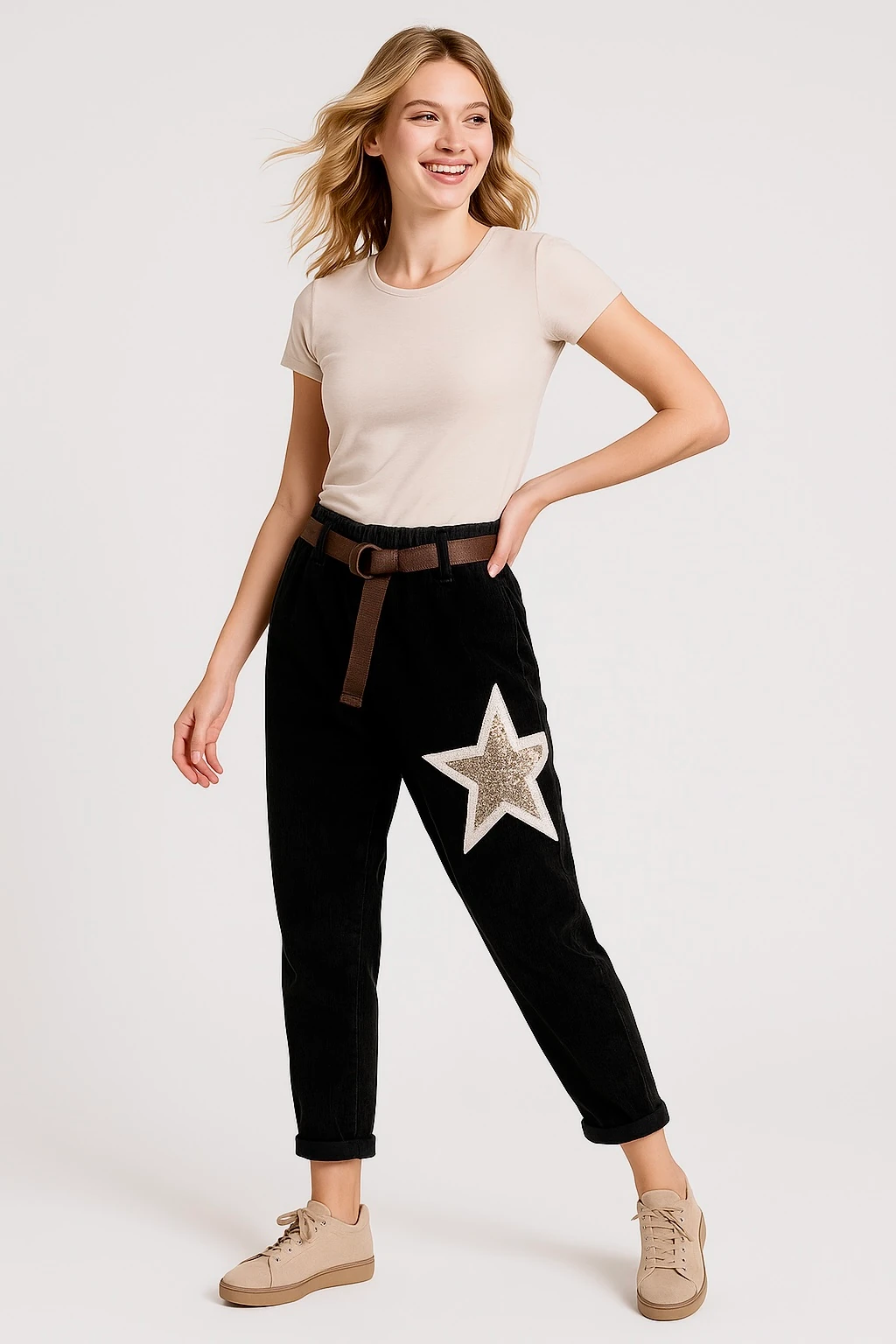 İtalyan Yıldız Detaylı Kadife Pantolon - SİYAH