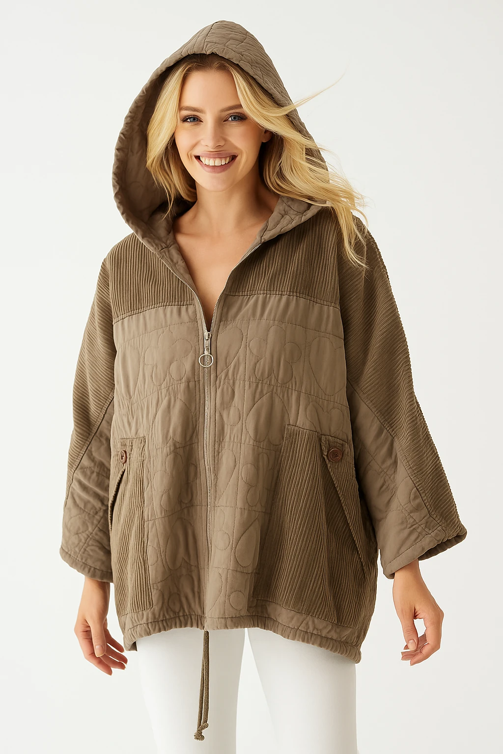 İtalyan Kadife Detaylı Kapitone Ceket - SÜTLÜ KAHVE