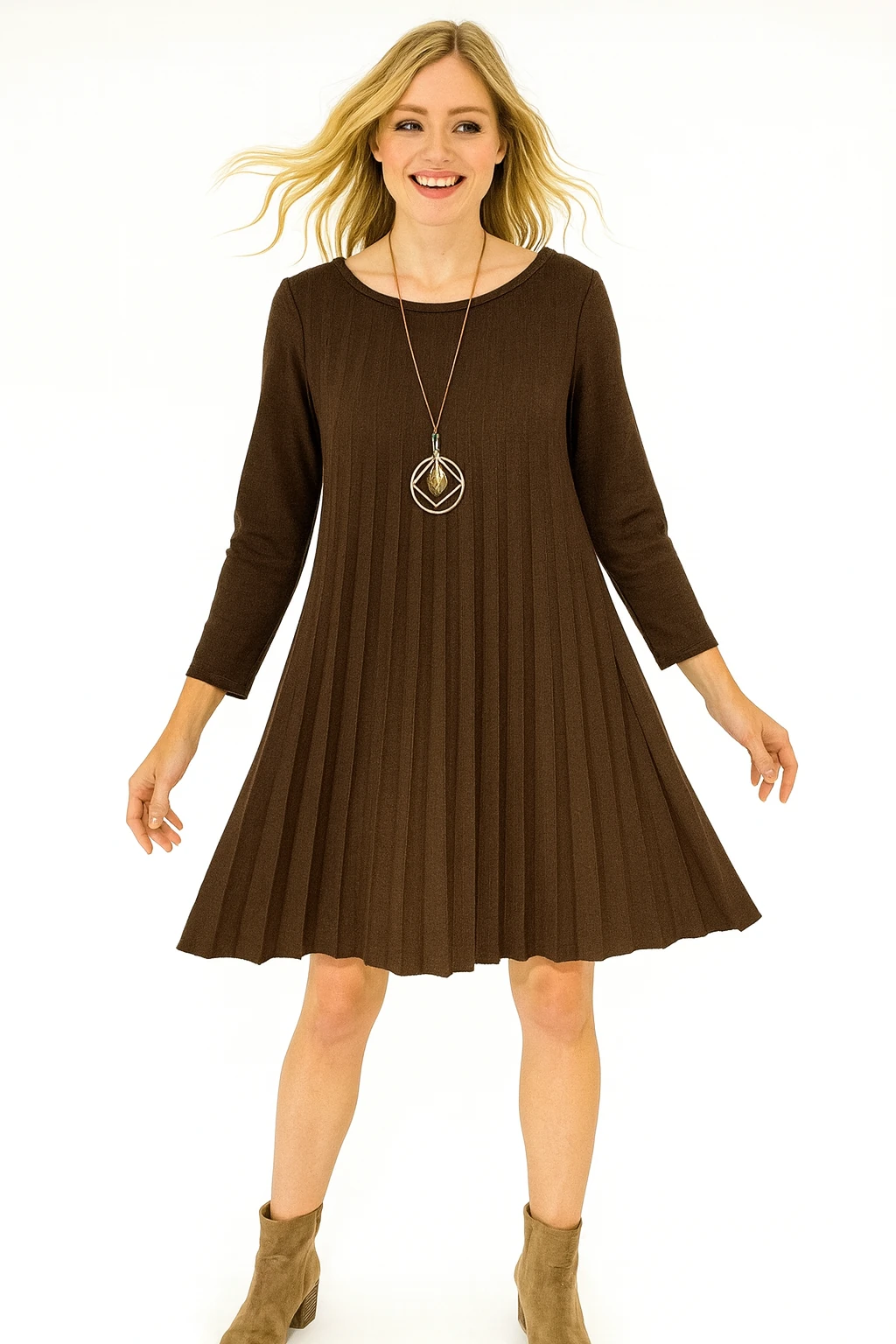 İtalyan Pileli Triko Elbise - KAHVERENGİ