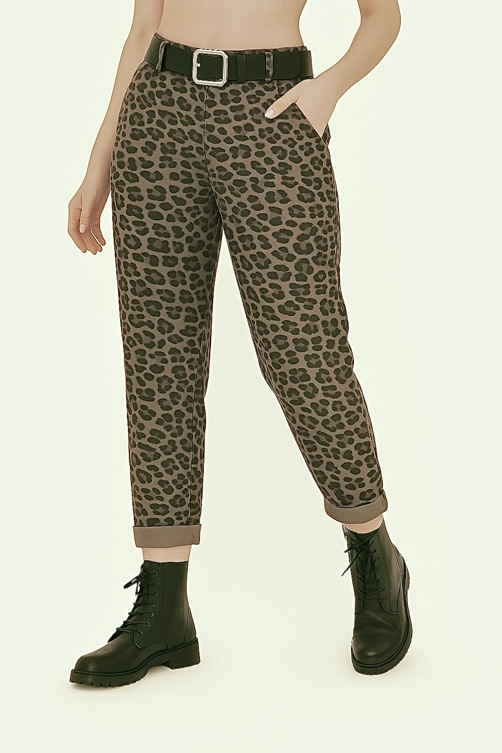 İtalyan Kemer Detaylı Desenli Pantolon - VİZON