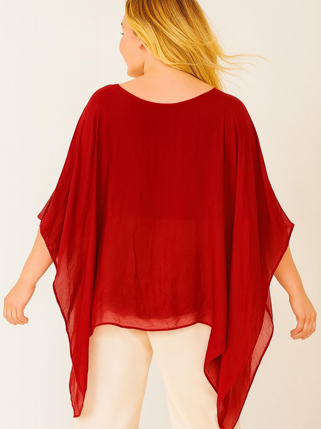 İtalyan Nakış Detaylı İpek Bluz - KIRMIZI