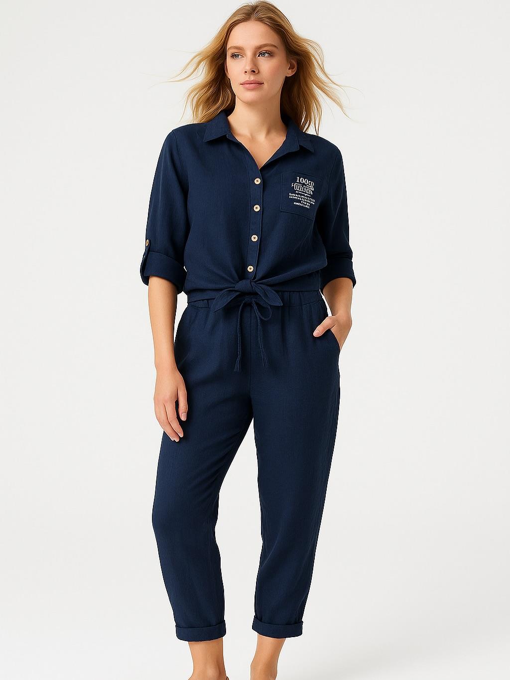 İtalyan Önden Bağlamalı Keten Takım - LACİVERT