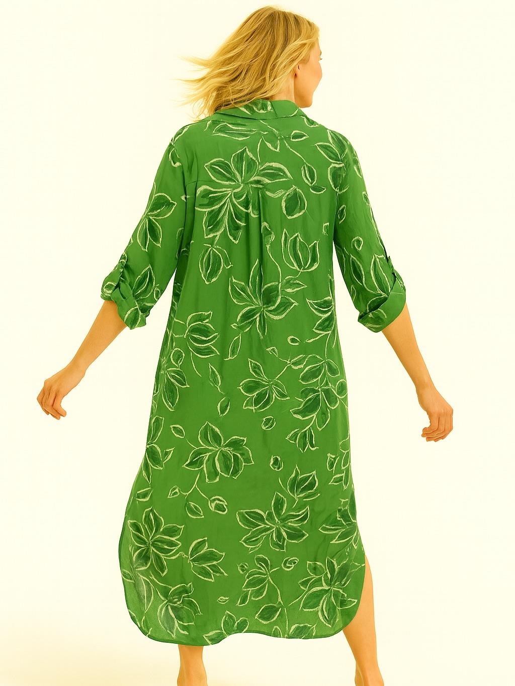 İtalyan Pamuk Yaprak Desen Elbise - YEŞİL