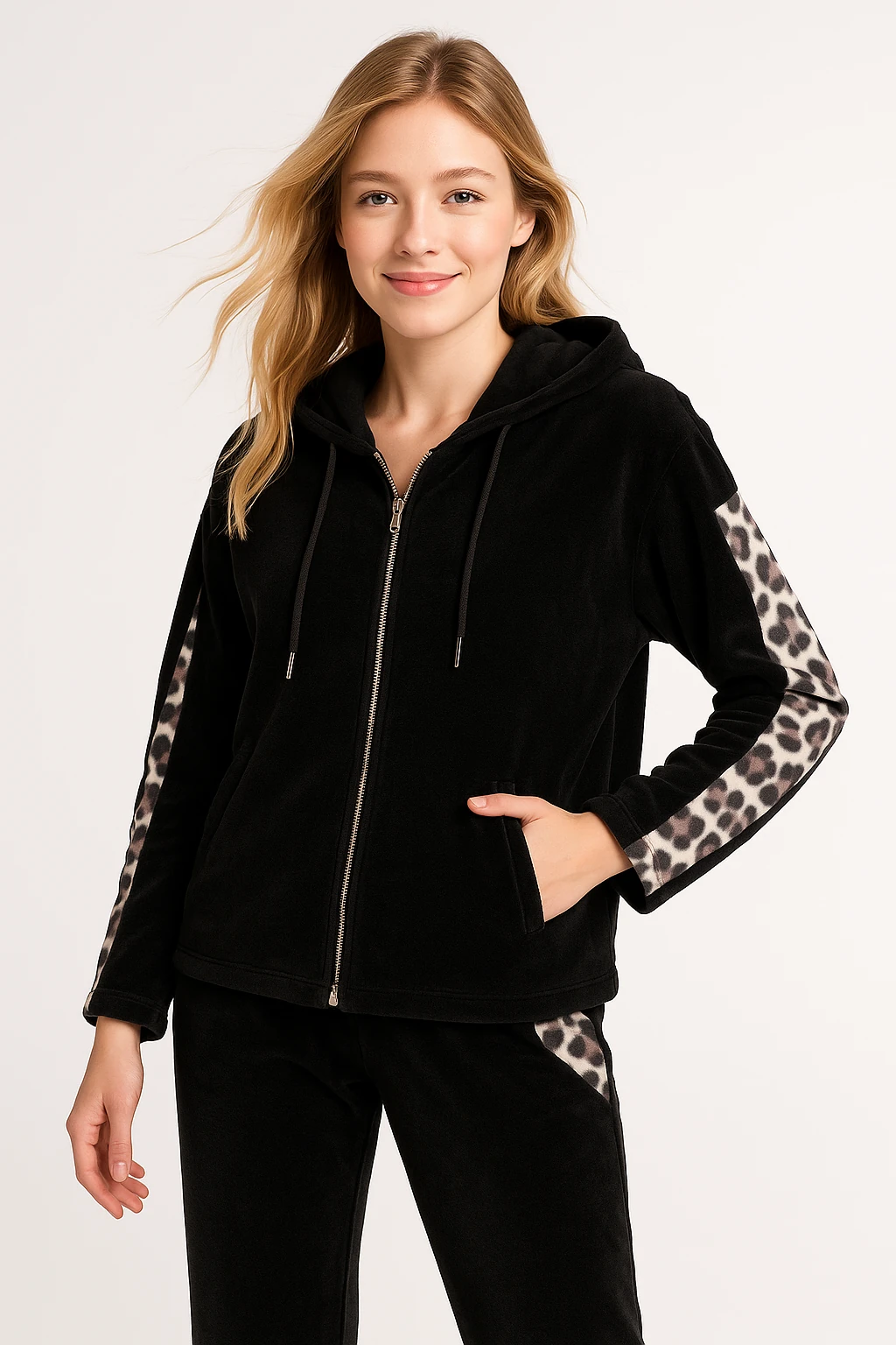 İtalyan Leopar Detaylı İnce Fitilli Kadife Takım - SİYAH