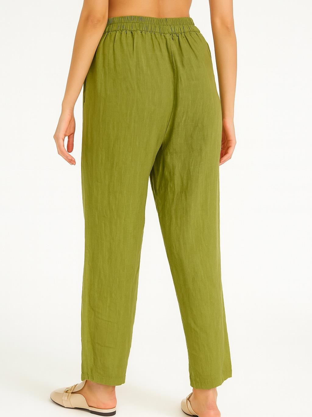 İtalyan Keten Düğme Detaylı Pantolon - YEŞİL