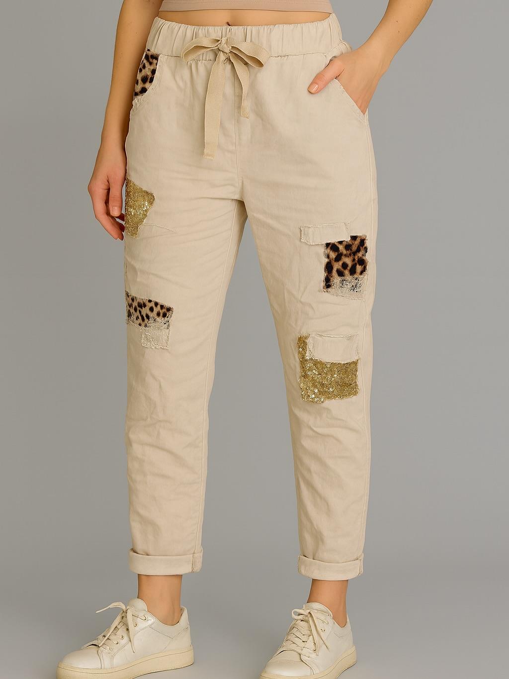 İtalyan Lepoar Desenli Likralı Pantolon - BEJ