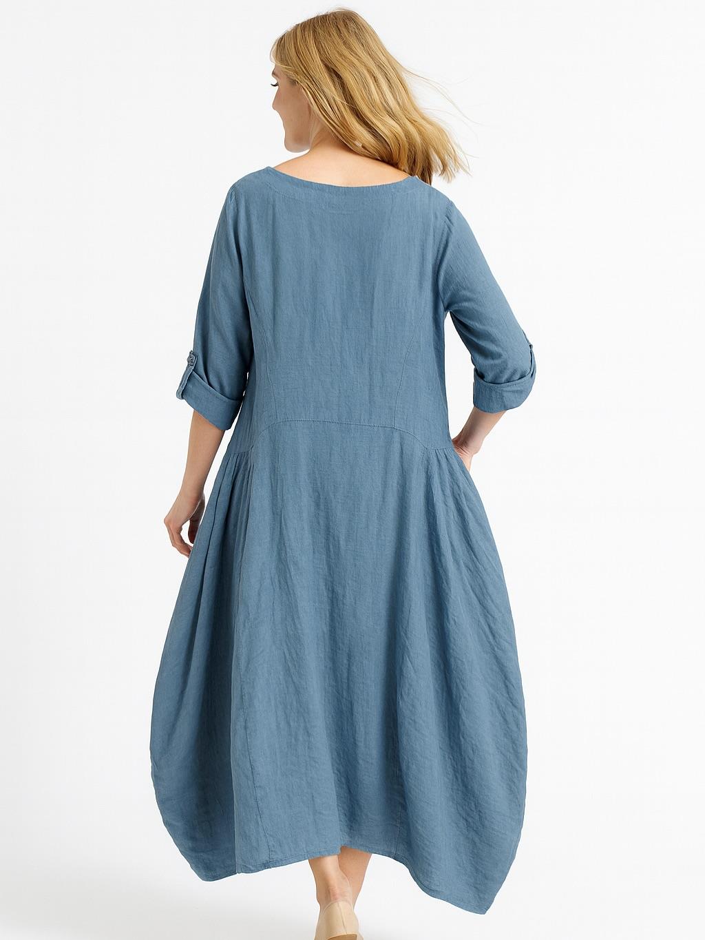 İtalyan Keten Cep Detaylı Elbise - MAVİ