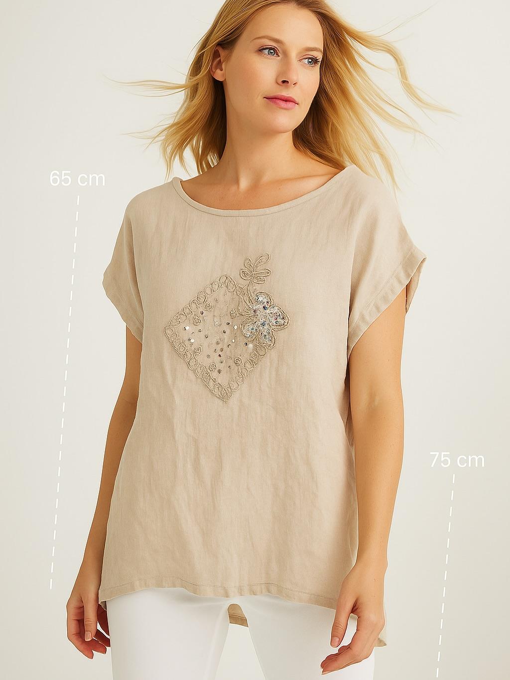 İtalyan Nakış Detaylı Keten Bluz - BEJ