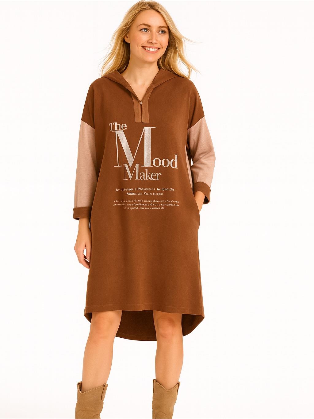 İtalyan Kapüşonlu Nubuk Elbise - KOYU KAHVE