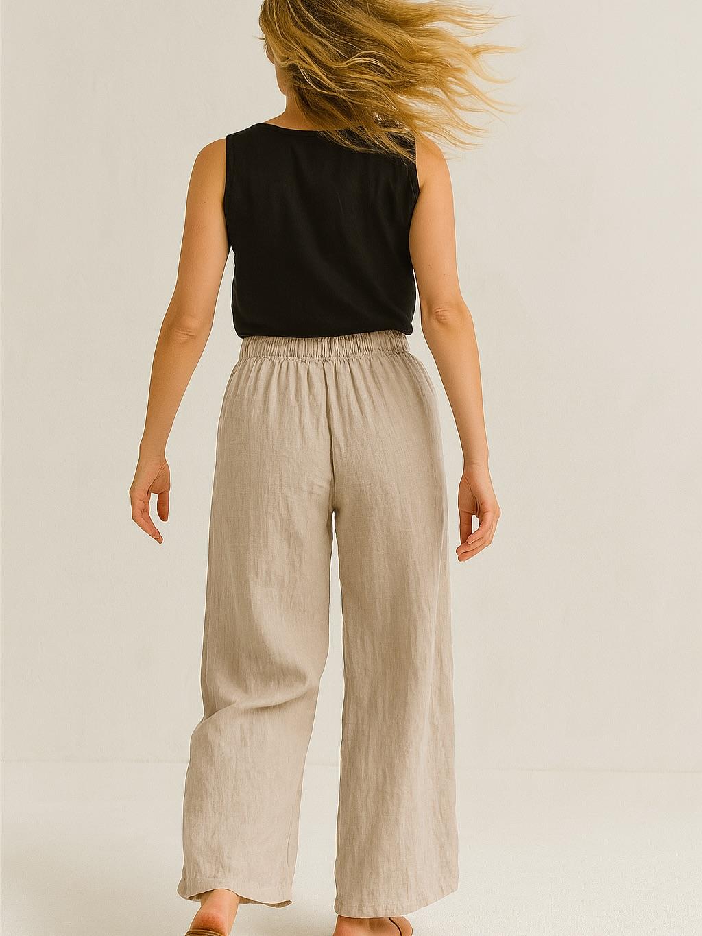 İtalyan Keten Boru Paça Pantolon - BEJ