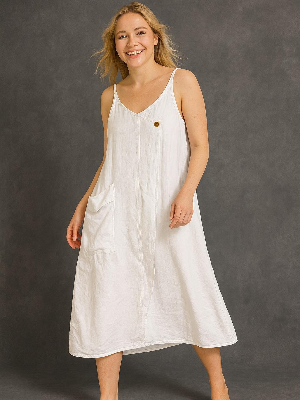 İtalyan Keten Askılı Elbise - BEYAZ