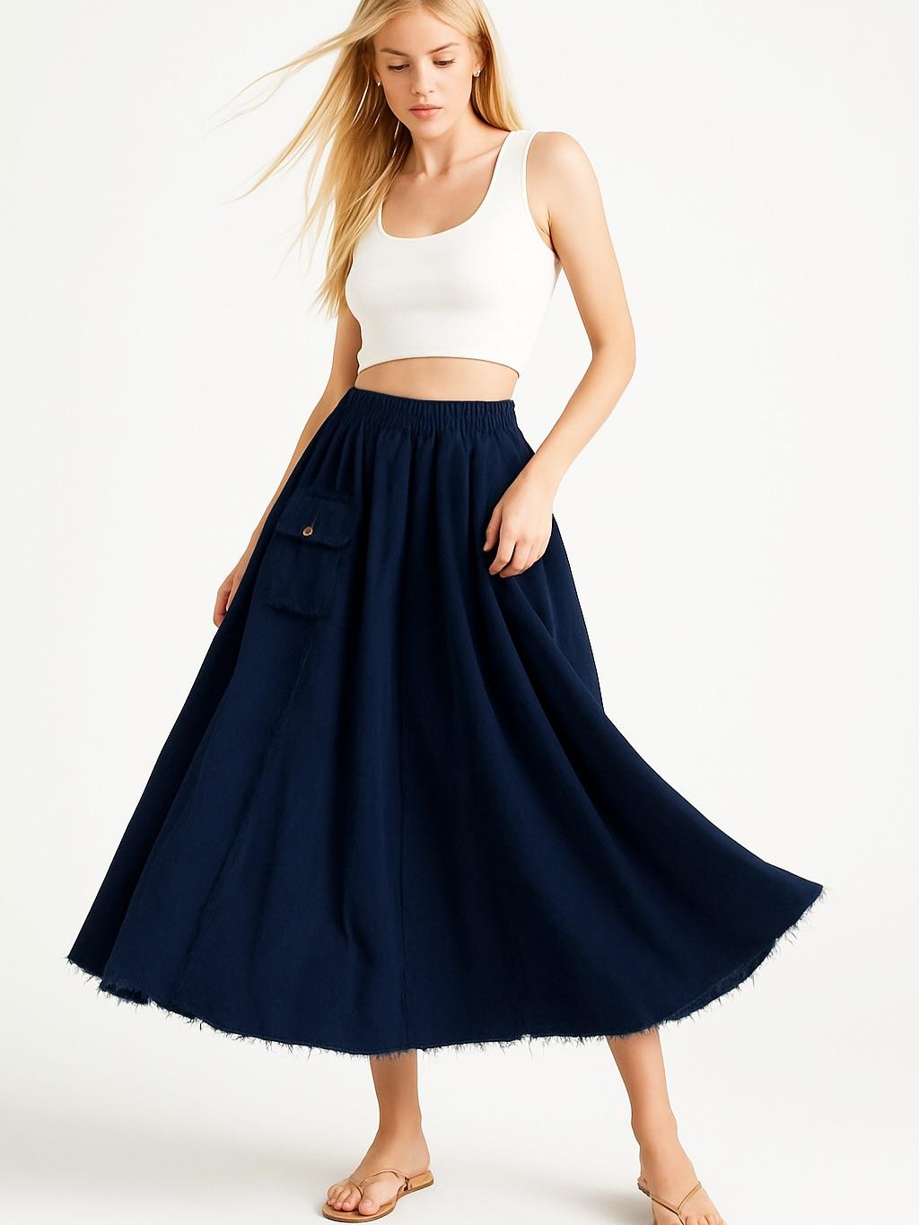 İtalyan Kadife Cepli Etek - LACİVERT