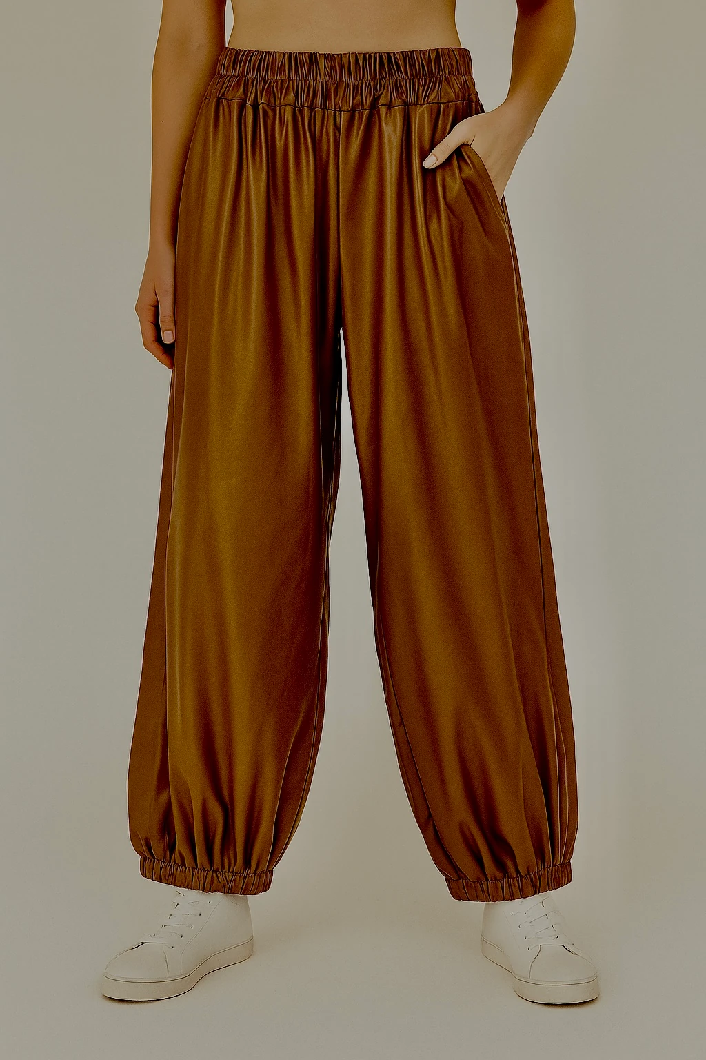 İtalyan Lastik Paça Deri Pantolon - KAHVERENGİ