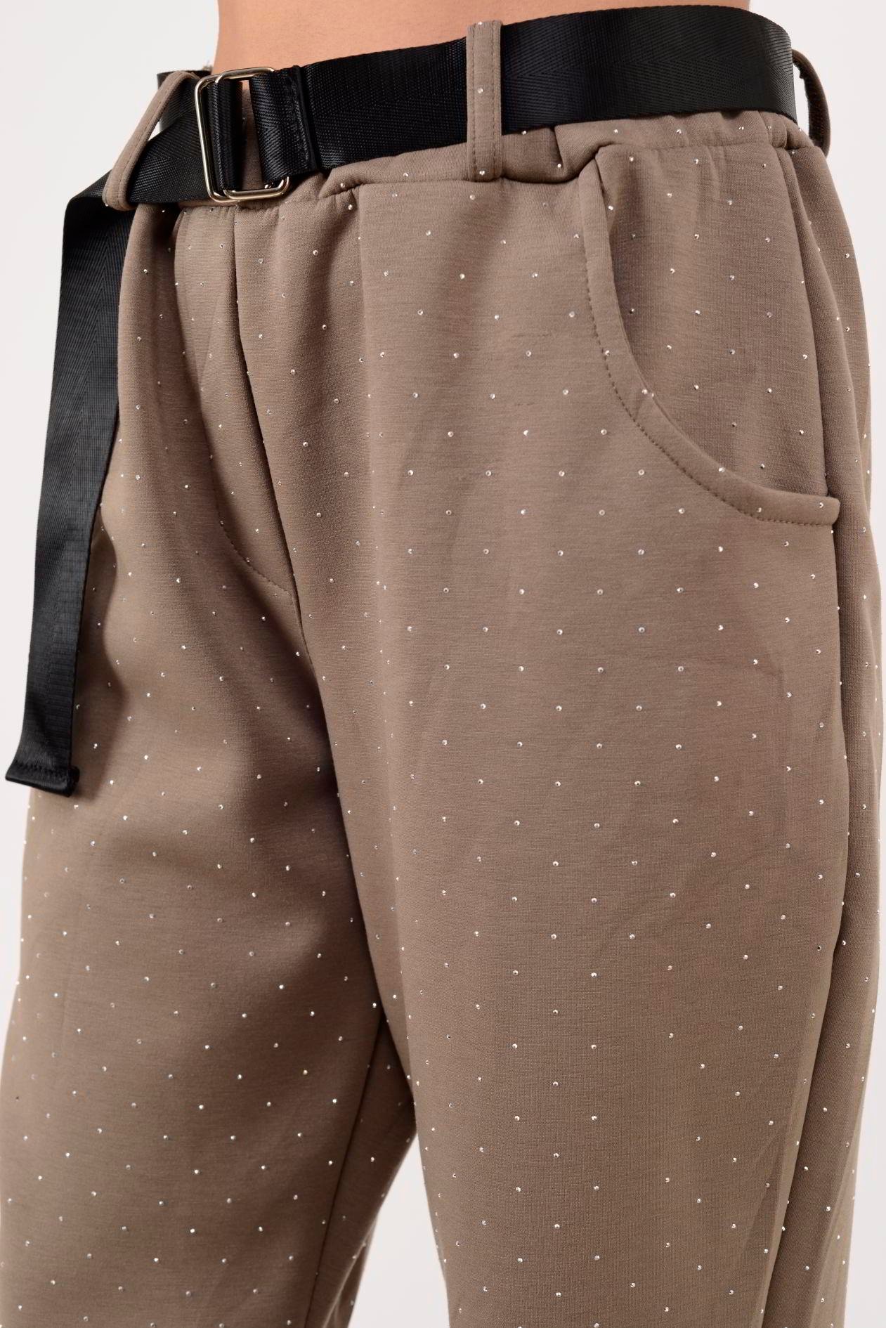 İtalyan Kemer Detaylı Taş İşlemeli Pantolon - VİZON