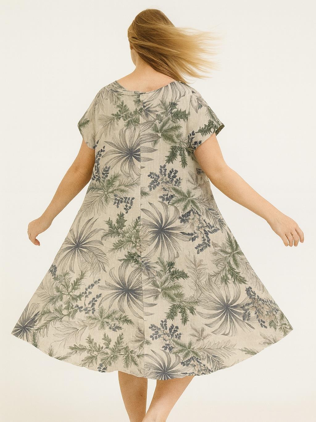 İtalyan Keten Yaprak Desen Elbise - BEJ